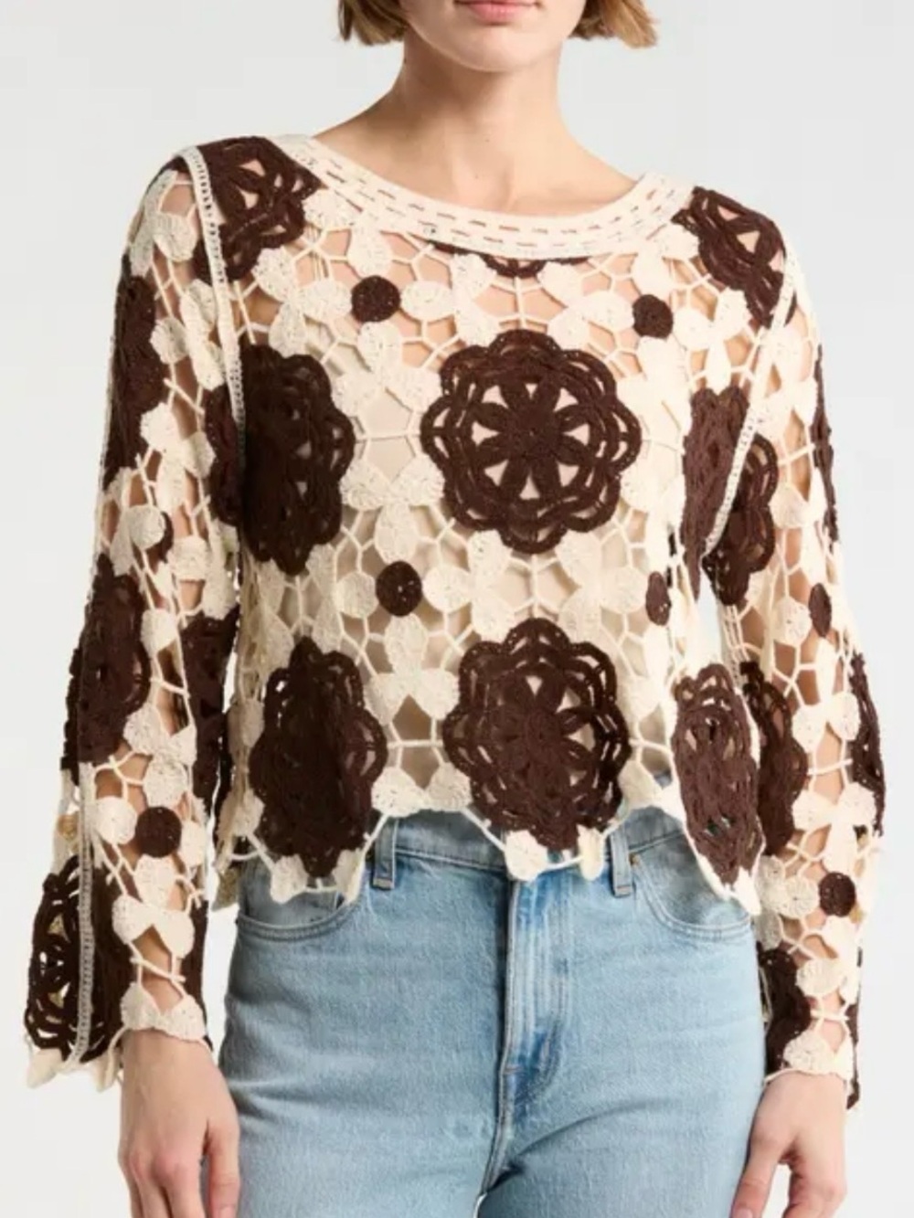 Crochet Open Knit Floral Crop Sweater Brown Cream Boho Festival Retro Sz 2X